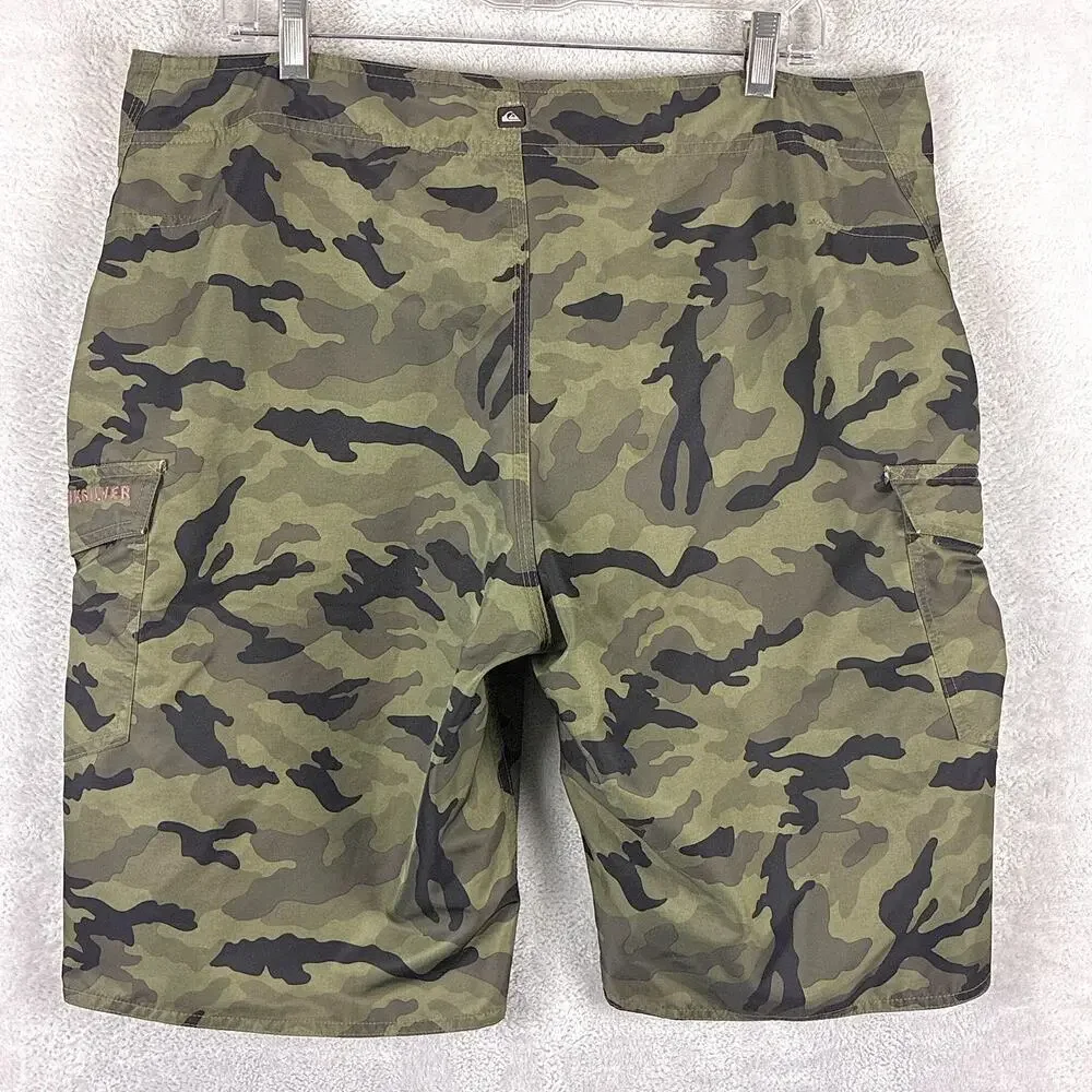 Quiksilver Board Shorts Men 36 Green Camo Cargo Preppy Beach SoCal Surf Y2K